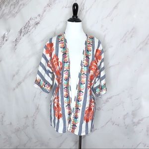 THML Blue White Striped Floral Embroidered Kimono